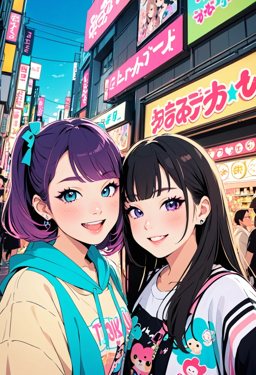 (masterpiece, best quality:1.1),
popart style,flat color,(two girls),cute face,tween Gal,(enjoying purikura),(Harajuku,tokyo),erotic fashion,beautiful detailed scenery, friendly,very happy,beautiful lighting,dynamic angle,depth of field,photographic portrait, sharp,