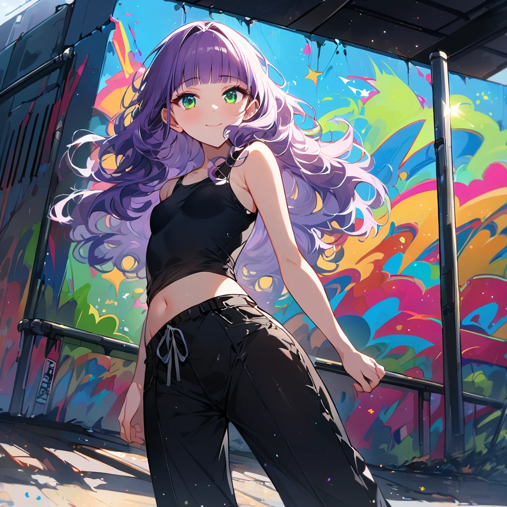 a masterpiece, beautiful eyes, a beautiful face, beautiful depiction, details, solid blue Skyscrapers background, ultra detailed, 8K, 1950's girl, pale-purple hair, a dynamic angle, wavy hair blowing in the wind, blunt bangs hair, black and green eyes,small breast, A black tank top showing her slim belly, black drawstring pants, black ballet shoes, full body shot, A starry sky, a gentle smile, Graffiti art, dimly lit underpass, light coming from behind her, look at viewer, pale colors,a girl closes her eyes and shouts loudly,