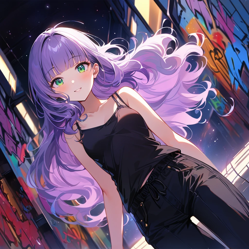 a masterpiece, beautiful eyes, a beautiful face, beautiful depiction, details, solid blue Skyscrapers background, ultra detailed, 8K, 1950's girl, pale-purple hair, a dynamic angle, wavy hair blowing in the wind, blunt bangs hair, black and green eyes,small breast, A black tank top showing her slim belly, black drawstring pants, black ballet shoes, full body shot, A starry sky, a gentle smile, Graffiti art, dimly lit underpass, light coming from behind her, look at viewer, pale colors,a girl closes her eyes and shouts loudly,