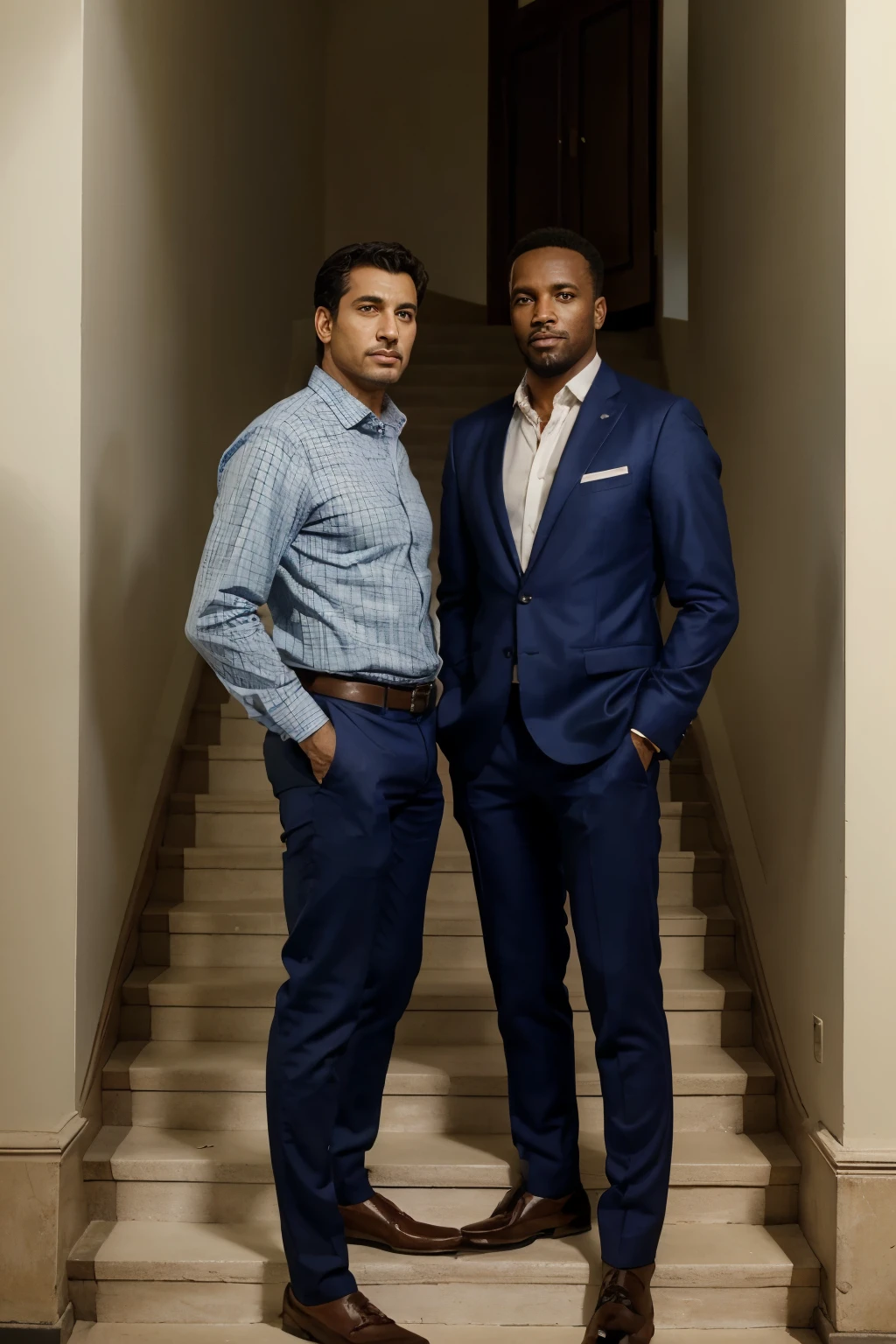 two men standing next to each other in front of a staircase, by Robert Combas, by Fernando Gerassi, by Giorgio Cavallon, genzoman and frank franzzeta, by Felipe Seade, paul pepera pablo roldan, official, by Rodolfo Amoedo, very very beautiful!, very very very beautiful!!, by Bernardo Cavallino