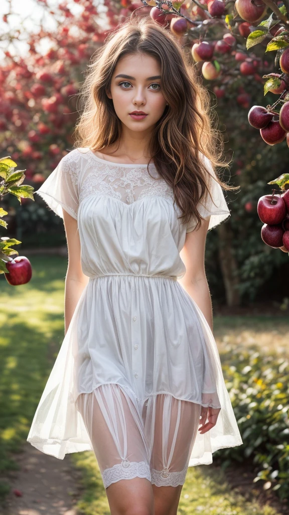 A beautiful european girl, Eve, wearing white organza dress, transparent dress, white transparent stockings, crystal scandalls, full body, red apples, near an apple tree. She is 24 years old, has light brown hair, long fair hair, curly hair and light blue eyes. Her cloth is stylish and her overall appearance is stunning. The girl's face is extremely detailed with beautifully detailed lips. Her skin is anatomically correct with realistic textures. The image should have super high details and be of the best quality, with a resolution of 8K. The final result should be a masterpiece, showcasing the girl's beauty and the vibrant atmosphere of the garden and apple trees