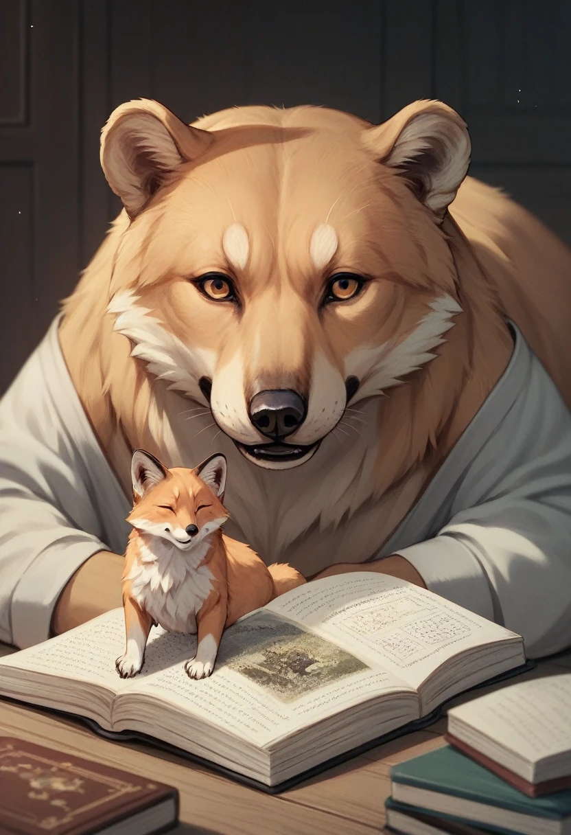 score_9, score_8_up, score_7_up, score_6_up, score_5_up, score_4_up, source_anime, pop illustrations, bear, fox and girl, Finnish picture book style, gentle, warm and soft atmosphere effect, 2.5D