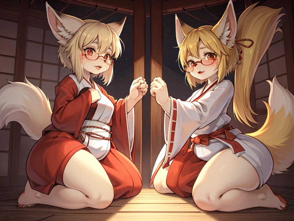 Japanese horror movie style , Japanese shrine maiden outfit fox , short blonde hair, freckles, (thick lips), plump, glasses , Suspicion eyes , gohei , Japanese monster fight scene , with yokai , Gashadokuro , onibi , Ushi-oni
