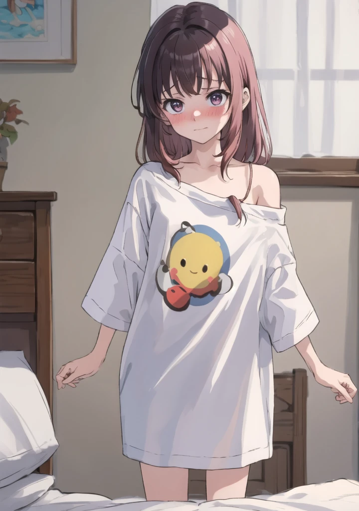 (masterpiece, best quality), 1girl, oversized shirt, off_shoulder, blushing, embarrassed, innocent, bedroom