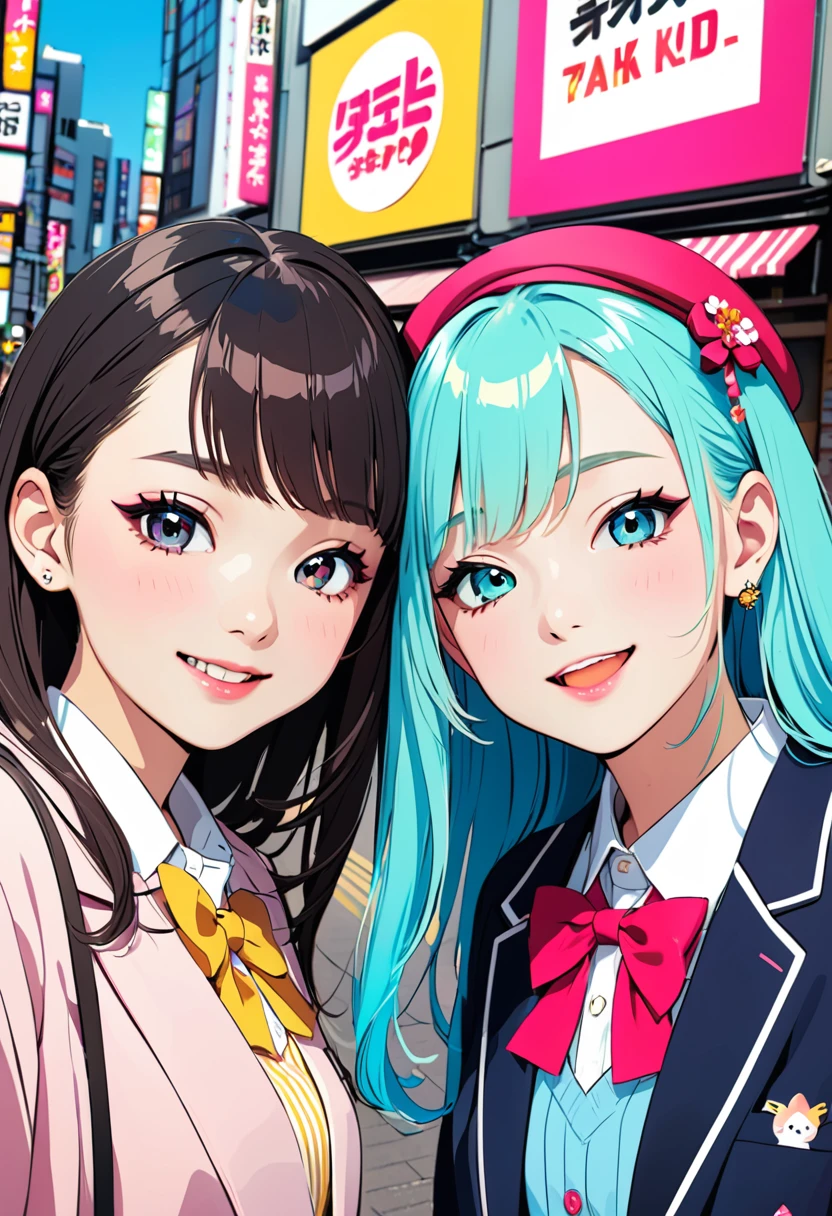 (masterpiece, best quality:1.1),
popart style,flat color,(two girls),cute face,tween Gal,(enjoying purikura),(Harajuku,tokyo),school-uniform,beautiful detailed scenery, friendly,very happy,beautiful lighting,dynamic angle,depth of field,photographic portrait, sharp,