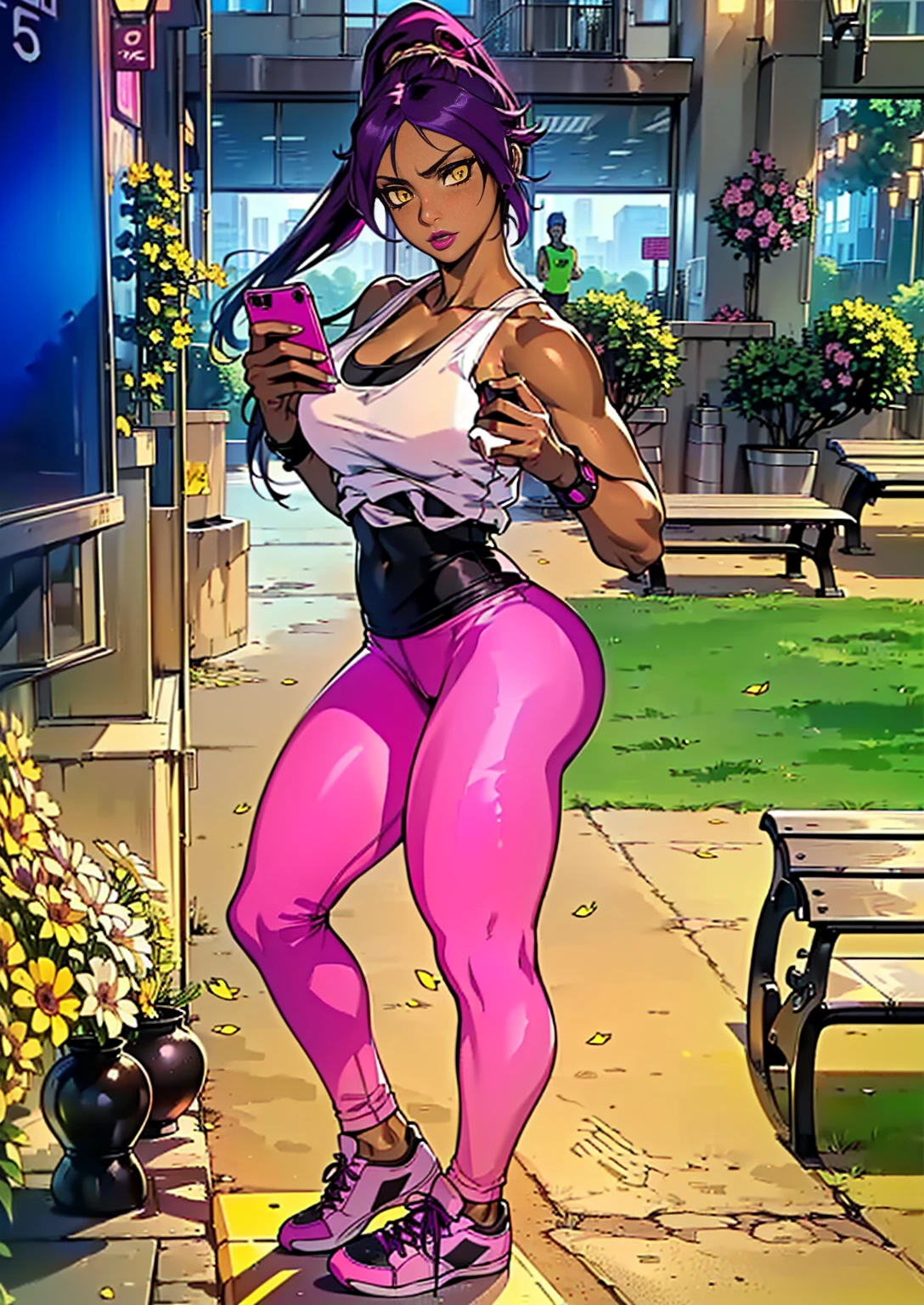((1girl, solo ,alone, yoruichishihouin, yellow eyes, yoruichi shihouin, long hair, (yellow eyes:1.5), ponytail, purple hair, dark skin, dark-skinned female, )), ((solo, 1woman, pink lipstick, Extremely detailed, ambient soft lighting, 4k, perfect eyes, a perfect face, perfect lighting, a 1girl)), austere, ((fitness,, shapely body, athletic body, toned body)), ((gym clothes, white and black tank top, pink leggings, pink sneakers, holding a cell phone, city, street, park, benches, shop window, signs, trees, houses, birds, flowers))