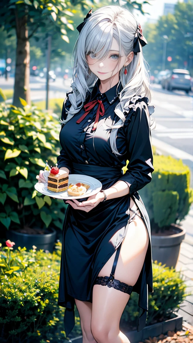 (masterpiece, Highest quality), (Ultra-high resolution, 8k RAW photos, Photorealistic:1.5, Fabric Shading, Thin contours), Beautiful mature woman preparing a tea party in the garden, (Tea set, you can, Tea cup, Some cakes on a plate), Gothic Table, (伝統的なダークブラウンのMaid clothesを着用, Maid clothes:1.2, Long Flared Skirt, apron), tall and leggy, Long white hair, Wearing borderless grass, (Mature Woman:1.5, 28 years old, alone), ( Tight waist), (Long white hair, Hair on one eye, Updo, Side Lock, Asymmetrical Hair, Wavy Hair), (Bright Eyes, Fine grain, A face with attention to detail, perfect face shape, Bloodshot eyes), (A seductive smile, Half-close your eyes), (Looking at the audience:1.3), (Dynamic Angle, Thigh focus, From side to bottom:1.2), ((Correct Anatomy:1.5, The right move)), (Ideal body proportions), Outdoor, Glass Garden, ((Garter Stockings))((black thong))