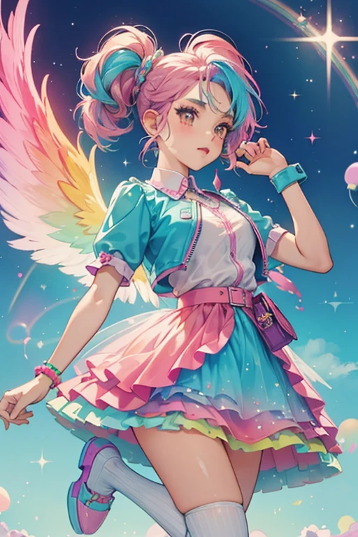 Rainbow Raver has brown skin, brown eyes, teal eyebrows, coral eyeshadow, pink lipstick, cherry blush, and teal hair in ponytails with rainbow braids. She wears sparkly translucent purple wings, a translucent sparkly yellow top with a zipper, a translucent sparkly pink skirt, a rainbow belt bag,  and pink slip-ons with blue cottonballs and white soles. She also wears rainbow knee socks and rainbow SPARKLE; GLITTER