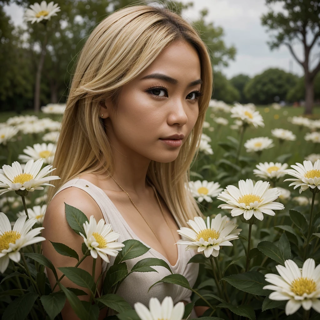 A super-realistic action scene of a beautiful blonde half-Asian woman taking a closer look at American flowers. "Adds highly accurate detail to plants., animal, Columbus&#39; shocked expression&#39;Face, 8K, Cinematic Light, Realistic photos, Octane Rendering, Centered, masterpiece, 35mm,