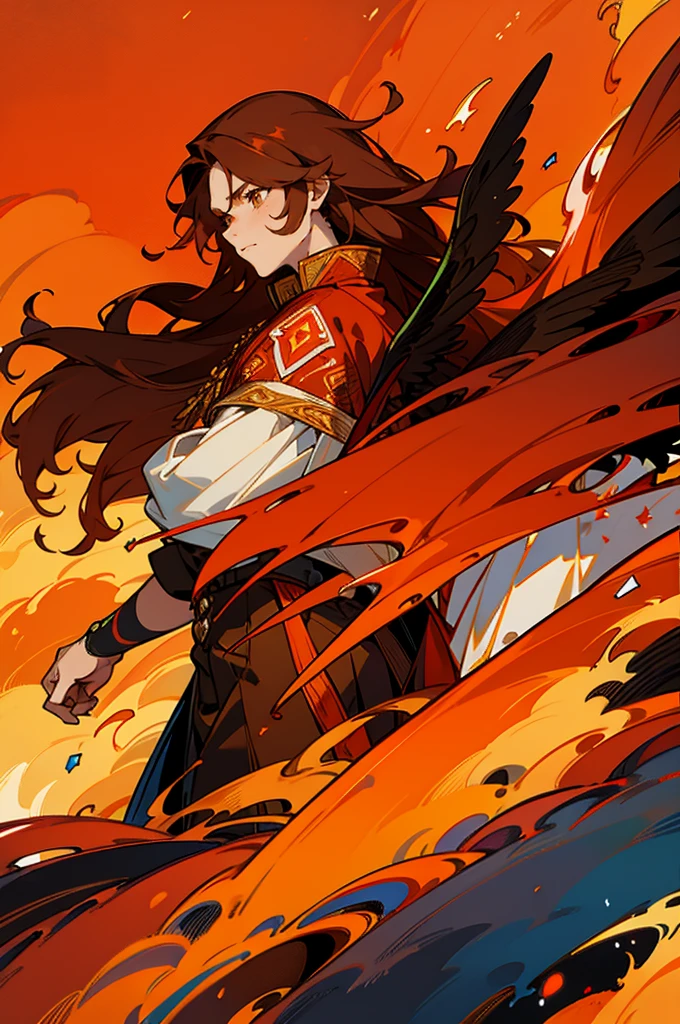 High-quality digital painting of a young man with long brown hair and piercing orange eyes, adorned in mediaval attire, controlling vibrant flames with a pair of enormous crimson wings sprouting from his back, intense and powerful, detailed hair and facial features without facial hair and without fire or accessories on the face looking forward, fiery and majestic, fantasy, vibrant color palette, dramatic lighting