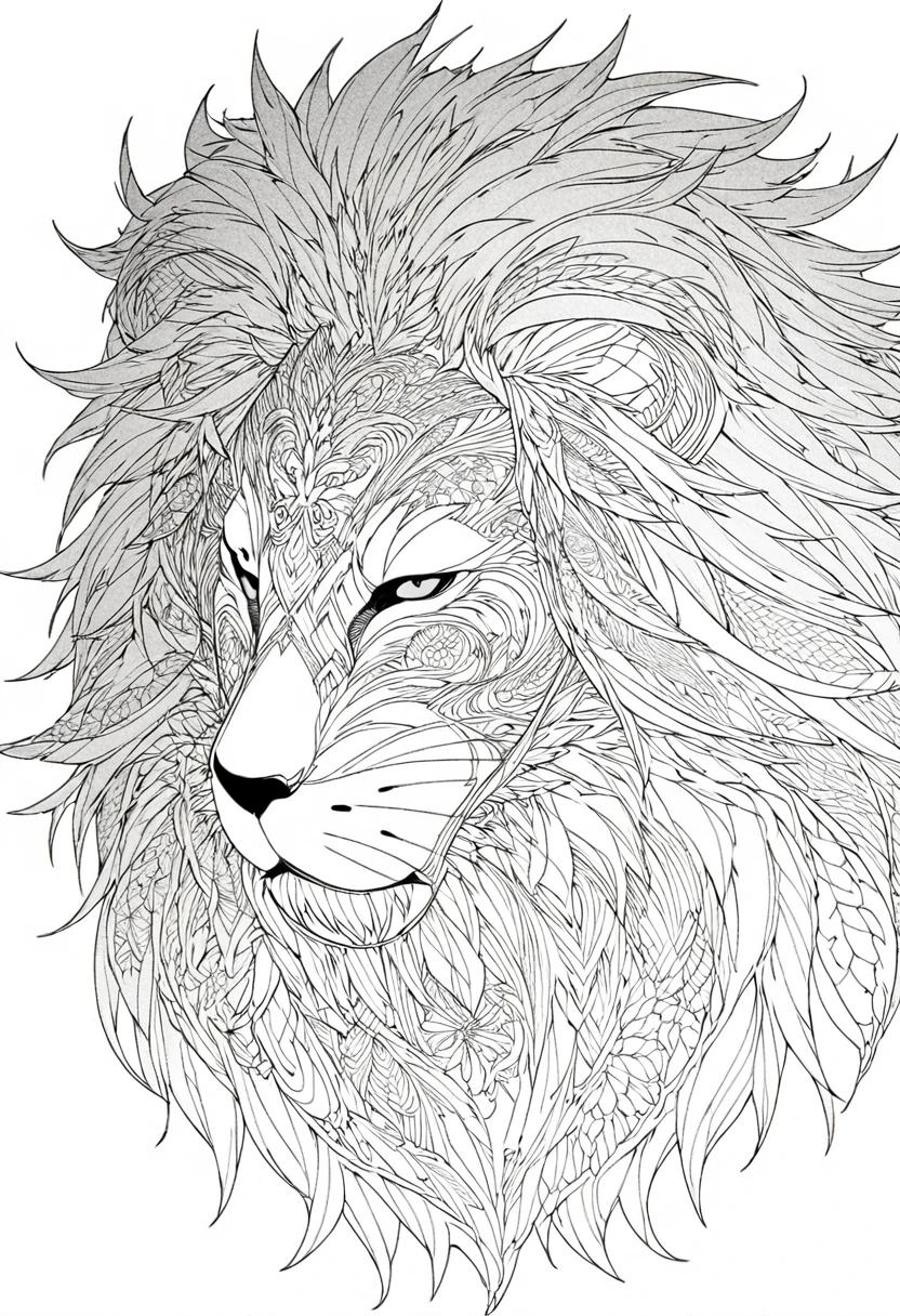 a black and white drawing of a lion surrounded by leaves, Intricately detailed fur, intricate line art, very detailed and ornate, hyper Detailed line art, Detailed line art, very detailed illustration, intricate linear, very detailed lines, Highly detailed and hypnotic, detailed drawing in 4k, line art coloring page, intricate line drawings, Detailed intricate sketch, beautiful line art