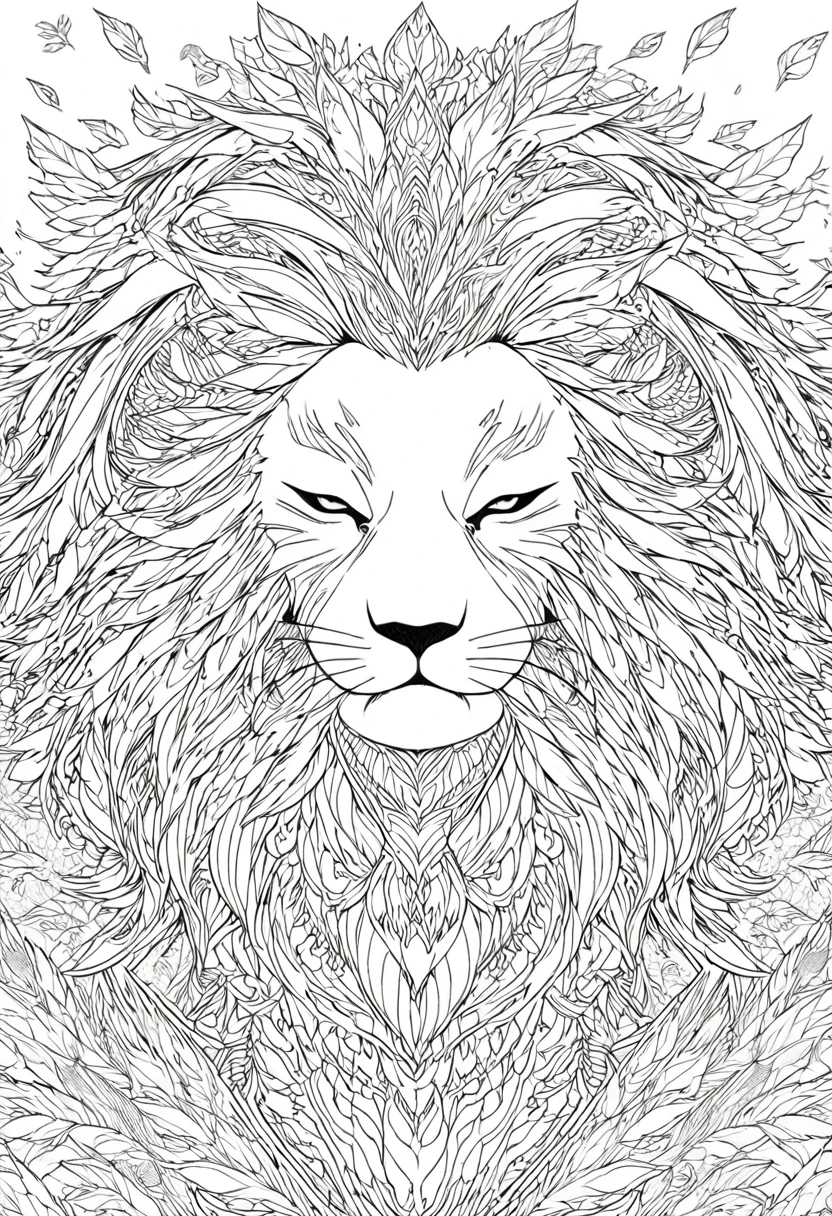 a black and white drawing of a lion surrounded by leaves, Intricately detailed fur, intricate line art, very detailed and ornate, hyper Detailed line art, Detailed line art, very detailed illustration, intricate linear, very detailed lines, Highly detailed and hypnotic, detailed drawing in 4k, line art coloring page, intricate line drawings, Detailed intricate sketch, beautiful line art