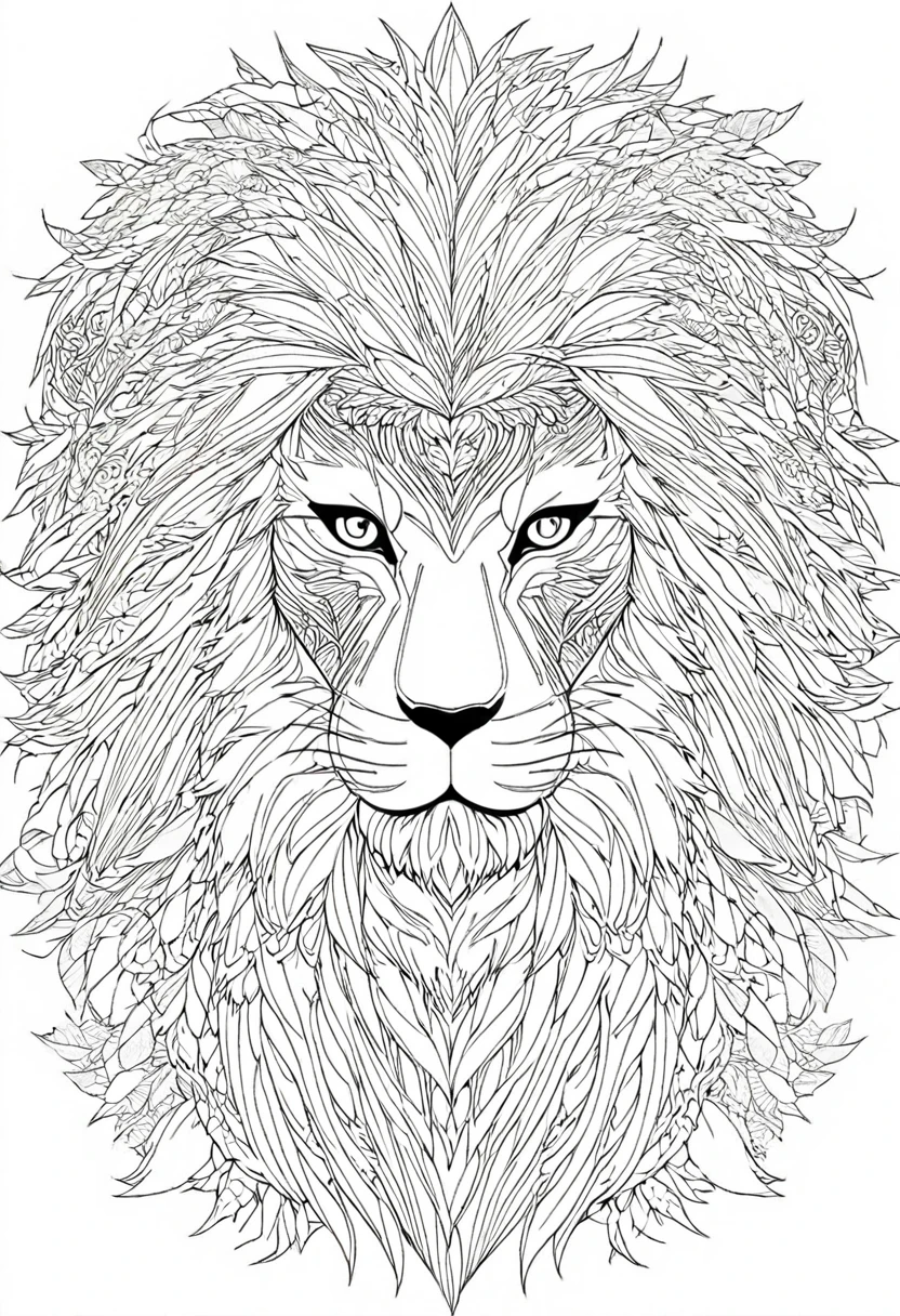 a black and white drawing of a lion surrounded by leaves, Intricately detailed fur, intricate line art, very detailed and ornate, hyper Detailed line art, Detailed line art, very detailed illustration, intricate linear, very detailed lines, Highly detailed and hypnotic, detailed drawing in 4k, line art coloring page, intricate line drawings, Detailed intricate sketch, beautiful line art