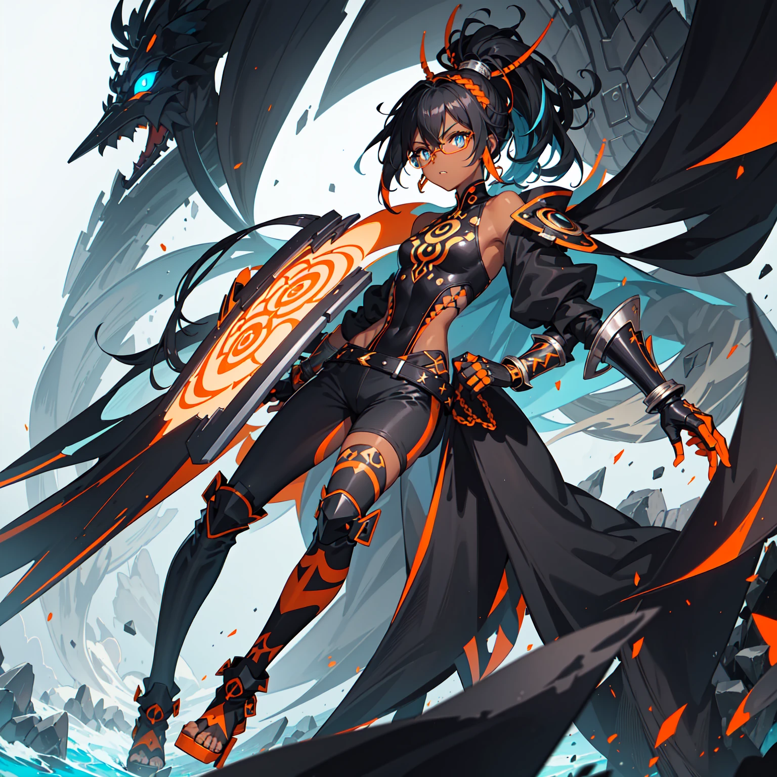 (((one caracter))), female, (((darkskin)))), Black hair with ponytail, clear blue eyes, Round glasses with a small dark lens, this lens being orange, and the Light Blue frame, (((Black metallic gauntlets and greaves with orange and silver highlights)), (((The clothes have a mix of modern and tribal)))), Having mainly black color, but having orange pieces, Shoulders on display, On the Hip one Shorts extending to Half Thigh in black.