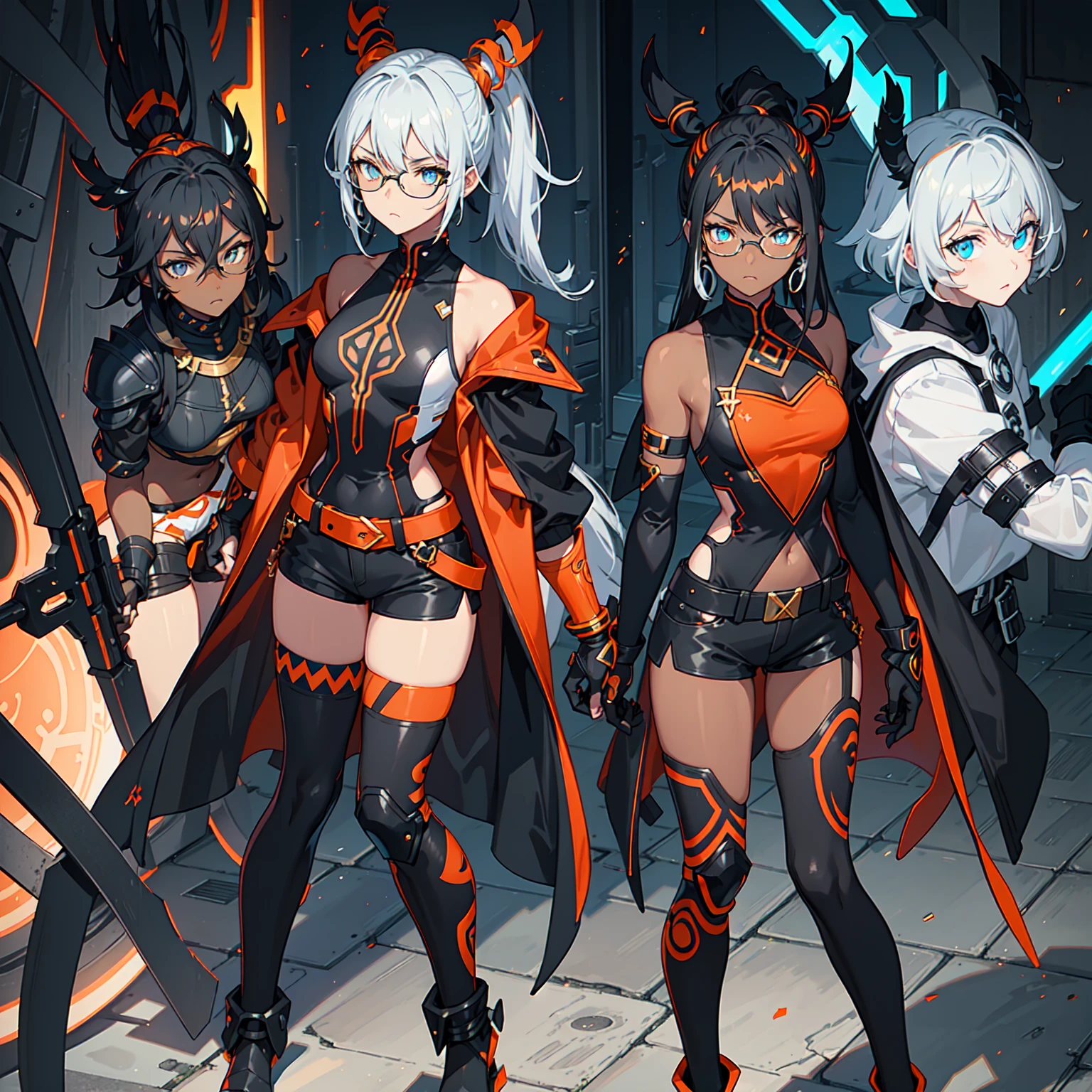 (((one caracter))), female, (((darkskin)))), Black hair with ponytail, clear blue eyes, Round glasses with a small dark lens, this lens being orange, and the Light Blue frame, (((Black metallic gauntlets and greaves with orange and silver highlights)), (((The clothes have a mix of modern and tribal)))), Having mainly black color,  but having orange pieces, Shoulders on display, On the Hip one Shorts extending to Half Thigh in black.