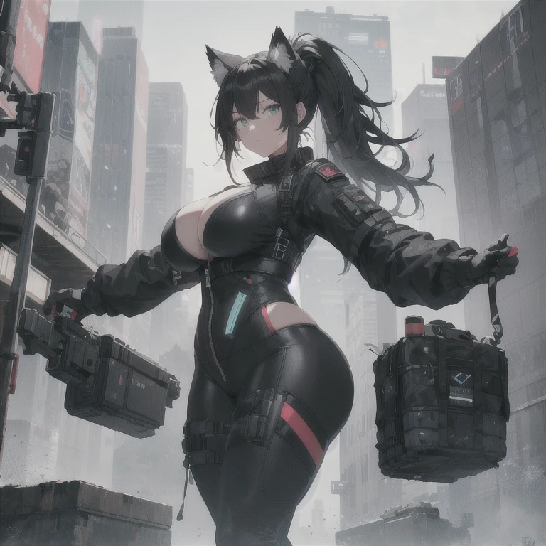 Absurd resolution, high resolution, (masterpiece: 1.4), hyper-detail, full body shot, solo, 1 kemono feline cat woman, humanoid, no skin other than neck and head shown, black hair, messy ponytail, cute face, detailed soft grey luminous eyes, huge massive hyper super swollen heavy breasts, breasts so big that cover her whole torso and are bigger than her head while being so big they reach her belly button, extremely super large swollen perky heavy bust, super huge enormously gigantic tits, gigantic bursting out of her top, inflated breasts, breasts_expansion, super gigantic swollen heavy tits, wide full hips, narrower torso and shoulders, smaller torso, full thicc big soft thighs, thicc thighs, big rounded full soft butt, thicc butt, ruggedized utility styled outfit, fully insulated suit, full body outfit coverage with no skin showing or revealed, airtight/watertight zippers and seals, scifi monochrome black and grey fullbody covering protective padding rugged loose-fitted pilot utility suit, white zipped utility cropped top for breasts support with a black strap horizontal across cleavage worn on top of suit, tactical strategic angular-patterned protective padding on hips and thighs and abdomen, practical/functional clothing, weather-proof durable clothing material, nylon clothing material, custom made clothing to fit and support large breasts, scifi padded rugged rigid high collar techwear jacket, armored high collar, white and black triangular decals and techwear iconography on apparel and clothing, techwear gloves, arm mounted strapped display scifi tablet/communication device/computer, ruggedized tech, ruggedized tech aesthetic, fitted utility pants, utility chaps, near future scifi, cyberpunk aesthetic, anime aesthetic, tactical aesthetic
