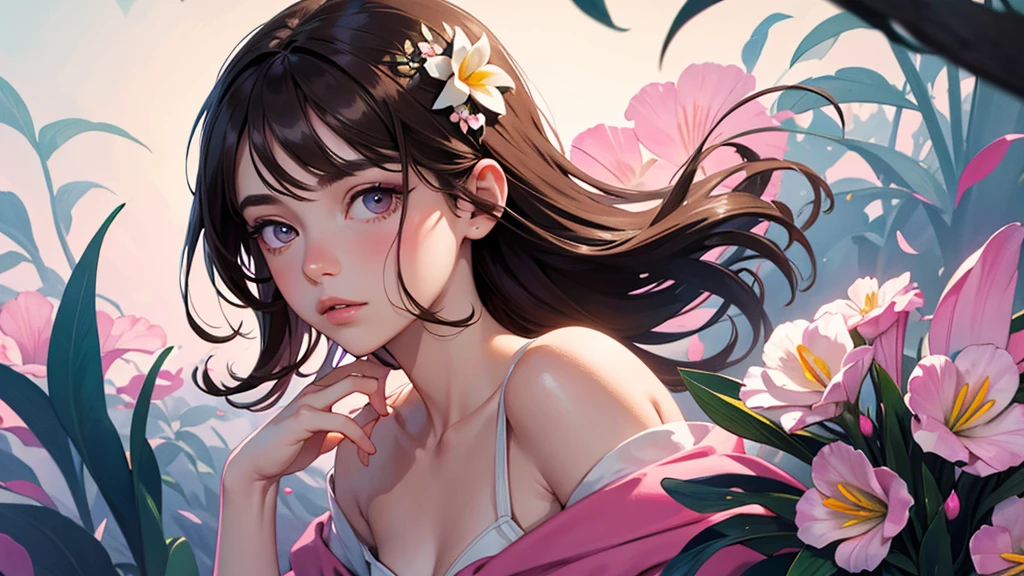 32k, Masterpiece, Highest quality, One girl, Brown Hair, Detailed eyes, flower,Freesia, Pink and navy style,A dreamy, romantic piece,Pale yellow, Mysterious Leaves,A playful arrangement,Fantasy,High Contrast,Ink strokes,explosion,Exposure, Impression of pink and navy tones,Abstract, Brush strokes,Negative Space, Tyndall effect,