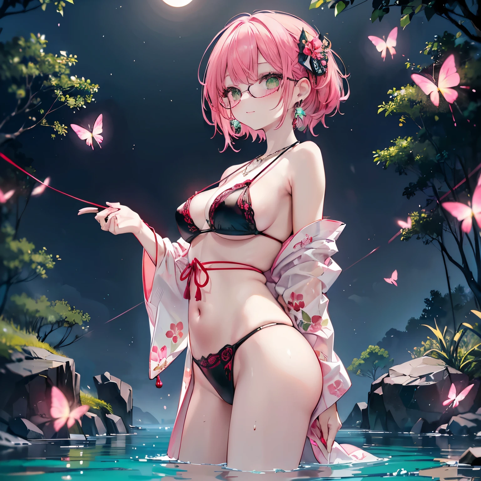 low angle,from below,(wearing elegant pink frame glasses),
(beautiful pink and green butterflies and dragonflies all over the place),colorful flowers,fantasy beams and lights,
((masterpiece:1.4, best quality)), ((masterpiece, best quality)),wet full body, bathing in the water,(beautiful emerald green lake),water splash,lovely laugh,((sexy colorful japanese yukata)), ((black and red elegant string tied summer bikini)), (Lace chalker, wristband, diamond necklace,earrings),cinematic lighting and pause,beautiful natural mysterious park,night sky,full moon,(beautiful pink and red butterflies and dragonflies all over the place),