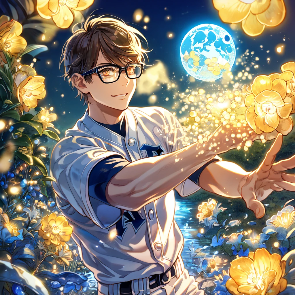 absurdres, highres, ultra detailed, HDR, master piece, Miyuki Kazuya, brown hair, expressive amber eyes, black glasses, white baseball uniform, Diamond No Ace, sexy man, handsome, best quality, blue moon, flowers, fantasy, magical, solo, water, blue shining fireflies, blue petals, handsome smile