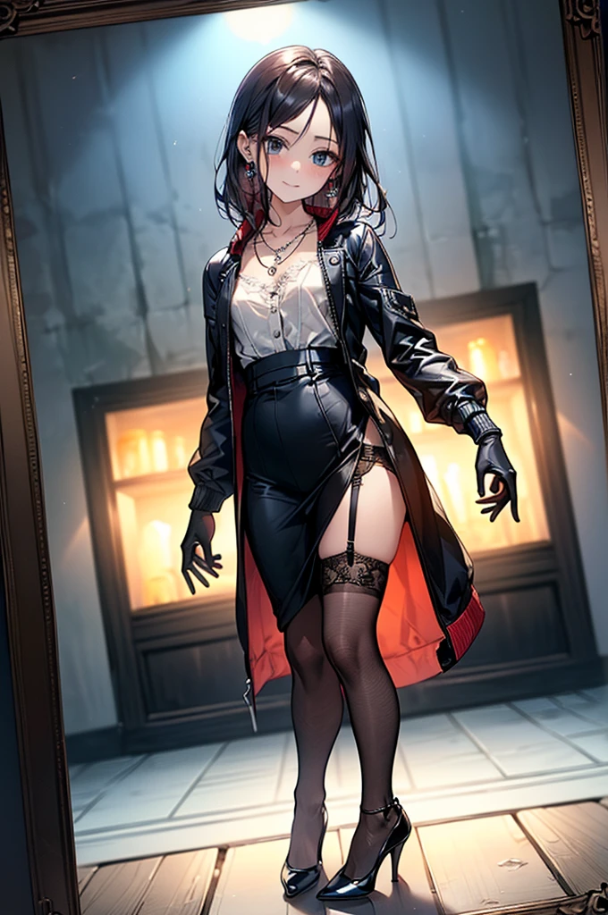 ((Biologically correct limb count))、(( Full-body photo including face))、4K、((Standing position))、masterpiece、((Focus on the face))、((Symmetrical facial features))、Eye for detailed depiction、Beautiful blue-haired woman、Excellent style、Beautiful clavicle、Beautiful feet、Beautiful Hands、Slender body、(stockings、garter belt、High heels）、Facial detailing、Small earrings、necklace、(rubber jacket、Rubber Skirt)、High heelsに照明を当てる、tie、sunny、(((White framed photo)))、Fascinating、Night street、(Low - Angle、A camera angle that captures the inside of a skirt from below)、gloves