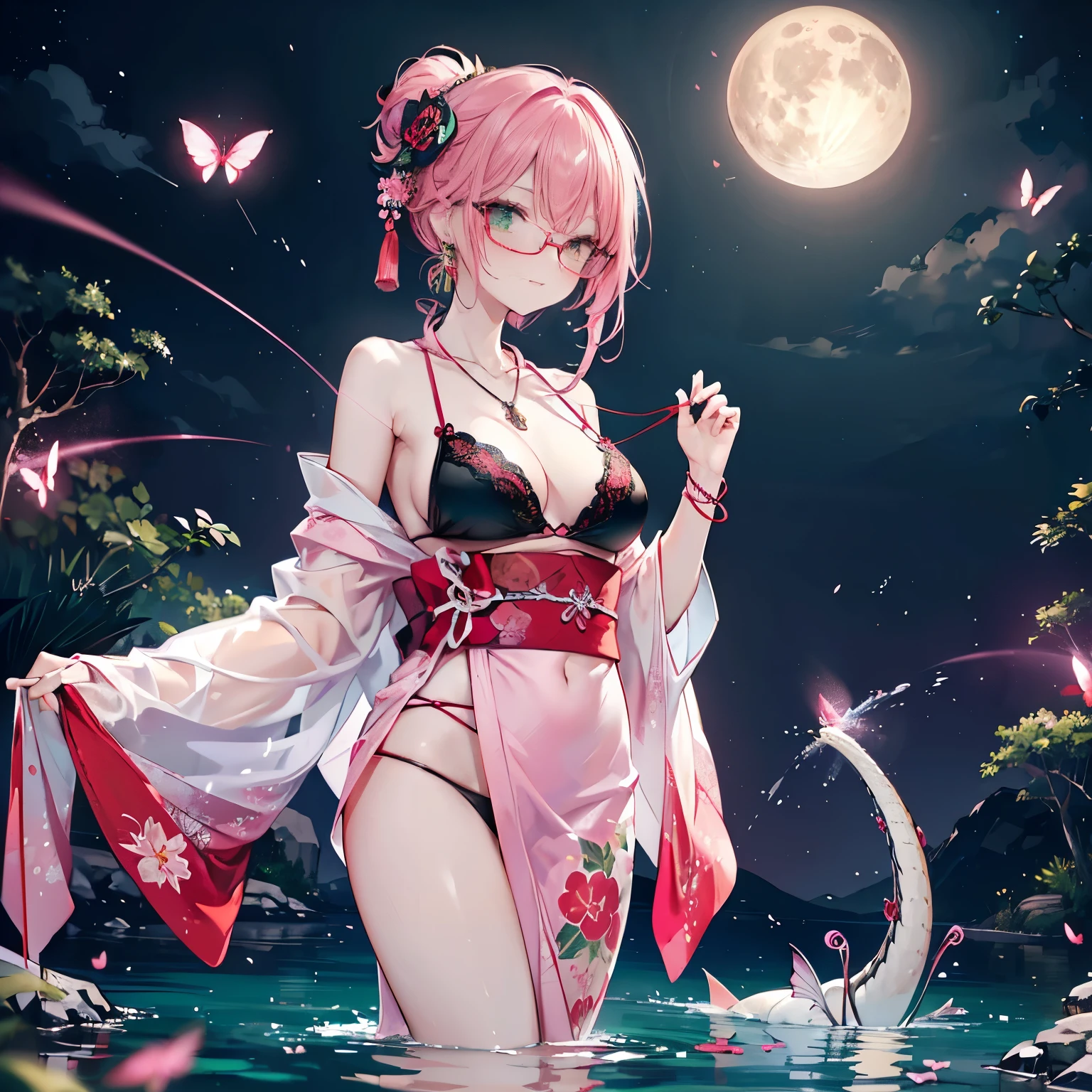 low angle,from below,(wearing elegant pink frame glasses),
(beautiful pink and green butterflies and dragonflies all over the place),colorful flowers,fantasy beams and lights,
((masterpiece:1.4, best quality)), ((masterpiece, best quality)),wet full body, bathing in the water,(beautiful emerald green lake),water splash,lovely laugh,((sexy colorful japanese yukata)), ((black and red elegant string tied summer )), (Lace chalker, wristband, diamond necklace,earrings),cinematic lighting and pause,beautiful natural mysterious park,night sky,full moon,(beautiful pink and red butterflies and dragonflies all over the place),
