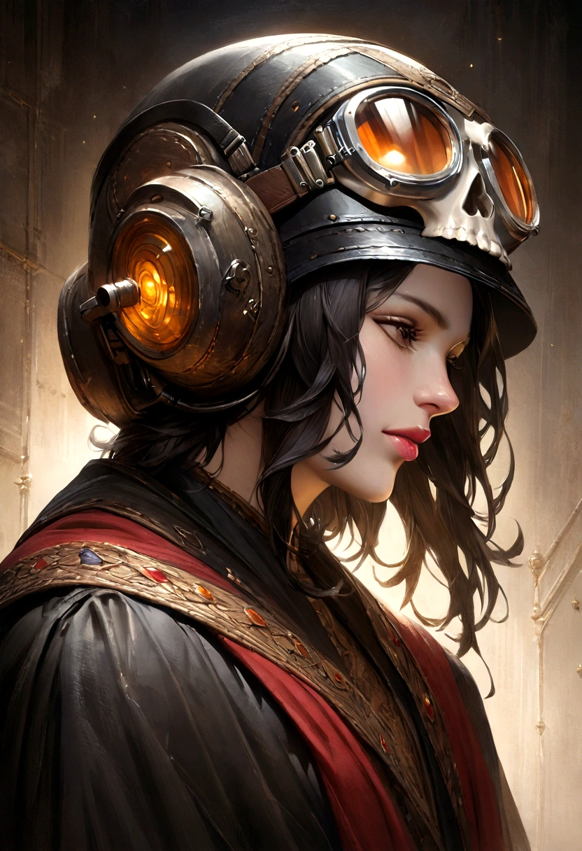 A talented tattooist designs a black and white skull head, wearing a pilot's helmet complete with reflective goggles, intricate detail shines through, chiaroscuro technique applied, the composition meticulously arranged in an octane render that has been making waves on Artstation, elegantly crafted in the style of a photorealistic concept piece, oil on canvas playing a major role, reminiscent of masters like Raphael and Caravaggio, signature touches