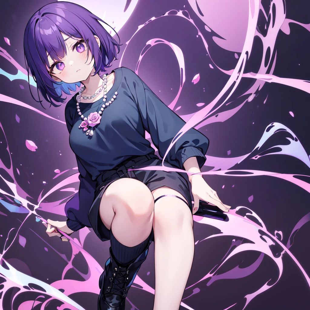 1 chibi girl, short purple hair, wearing dark blue chinese zombie styled long sleeve outfit, wearing blue green short pants, white socks and black flat shoes with pink rose ornament. purple eyes. wearing huge pearl bead necklace. absurdness, high res, ultrasharp, 8k, masterpiece, perfect face