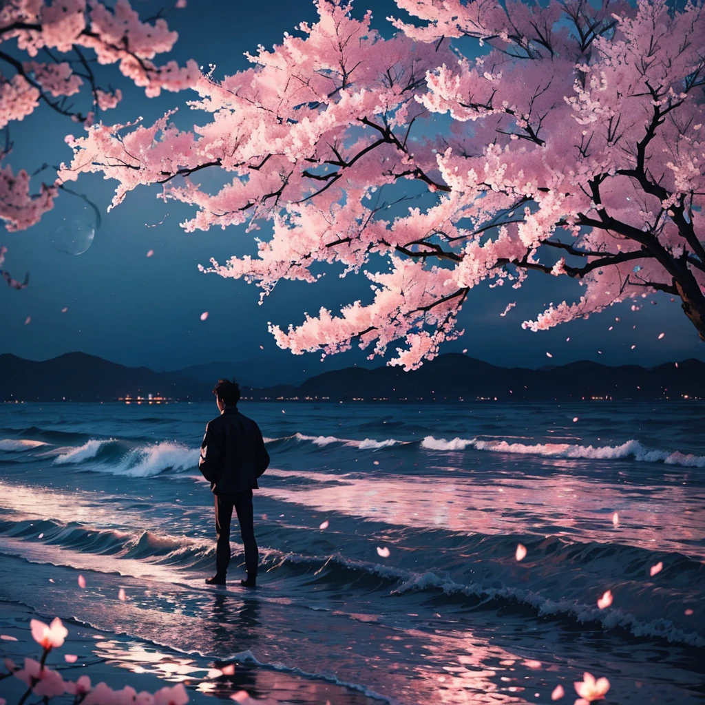 Moonlit sea, cherry blossoms at night, one man, standing alone, sad, heartbroken  