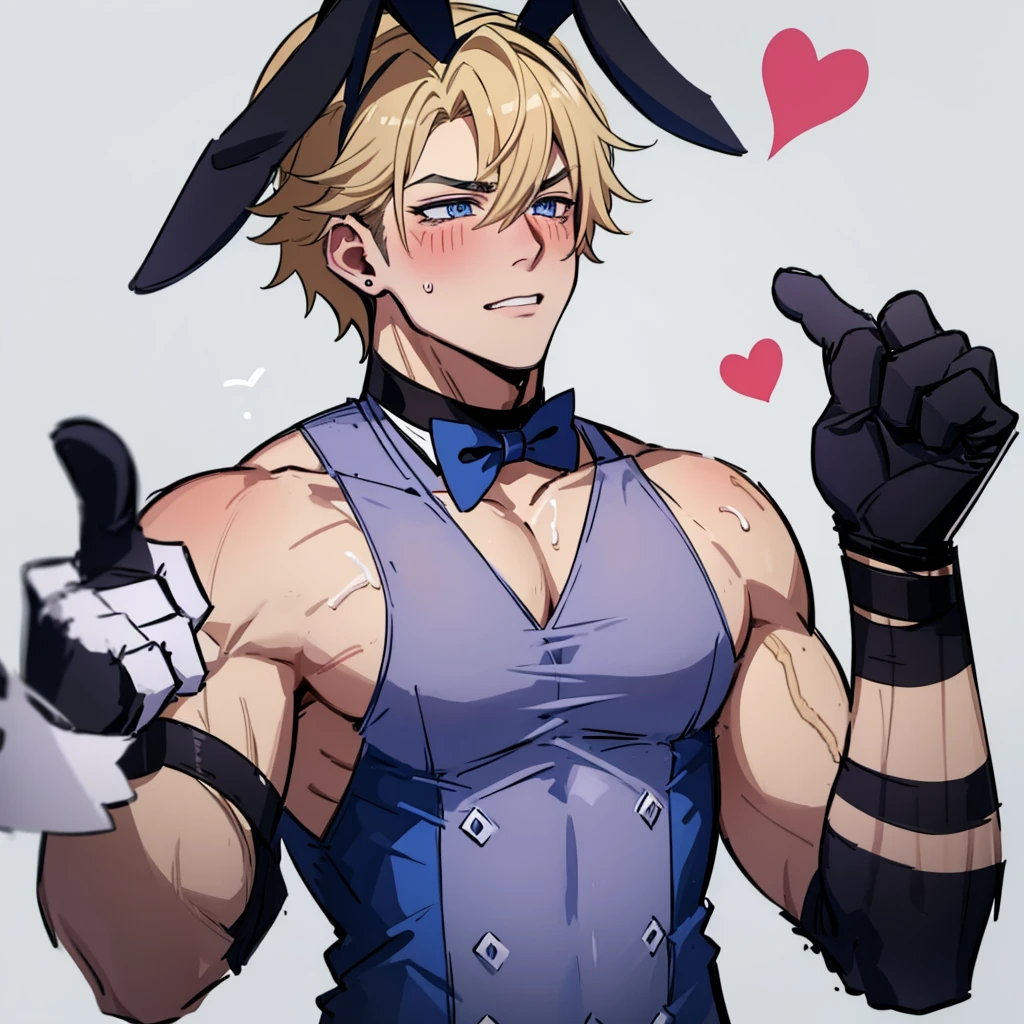 male focus, pectorals, animal ears, gloves, multiple boys, muscular, rabbit ears, muscular male, pasties, blonde hair, blue eyes, 2boys, bowtie, pectoral grab, detached collar, large pectorals, bow, blush, bara, yaoi, grabbing, fake animal ears, upper body, solo focus, groping, white gloves, simple background, abs, white background, male playboy bunny, heart pasties, sweat, covered 