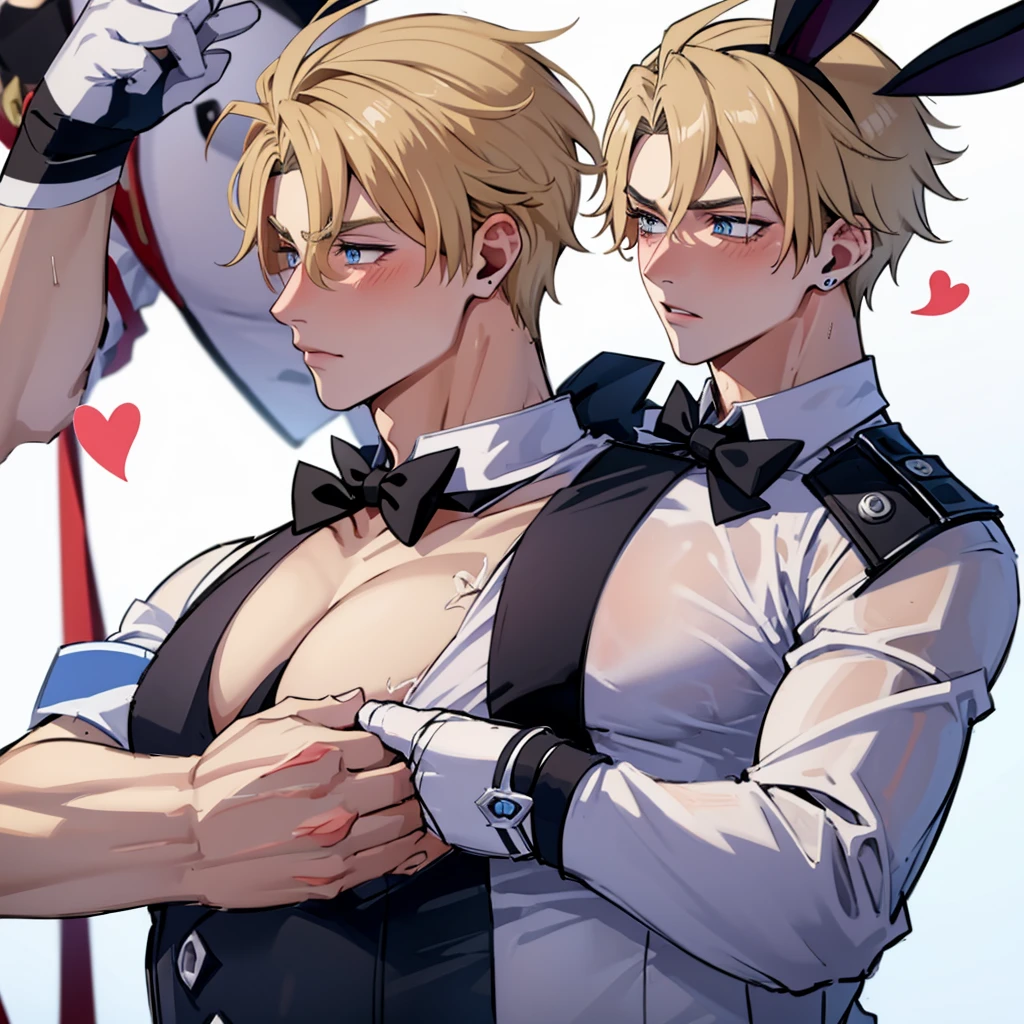 male focus, pectorals, animal ears, gloves, multiple boys, muscular, rabbit ears, muscular male, pasties, blonde hair, blue eyes, 2boys, bowtie, pectoral grab, detached collar, large pectorals, bow, blush, bara, yaoi, grabbing, fake animal ears, upper body, solo focus, groping, white gloves, simple background, abs, white background, male playboy bunny, heart pasties, sweat, covered 