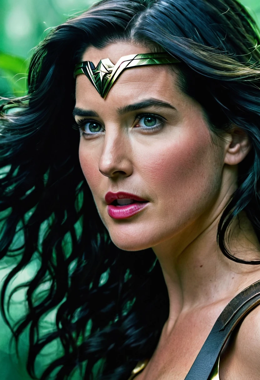 Extreme close-up Cobie Smulders under the mantle of the Amazon warrior Wonder Woman images Surreal cinematographic HD images Color Splash (((long black hair))),(((Diaema Wonder Woman))