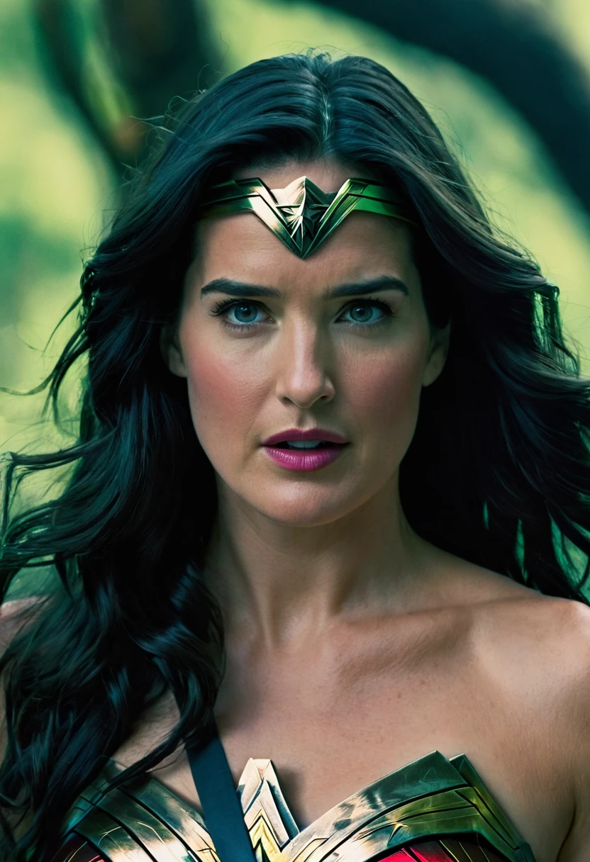 Extreme close-up Cobie Smulders under the mantle of the Amazon warrior Wonder Woman images Surreal cinematographic HD images Color Splash (((long black hair))),(((Diaema Wonder Woman))