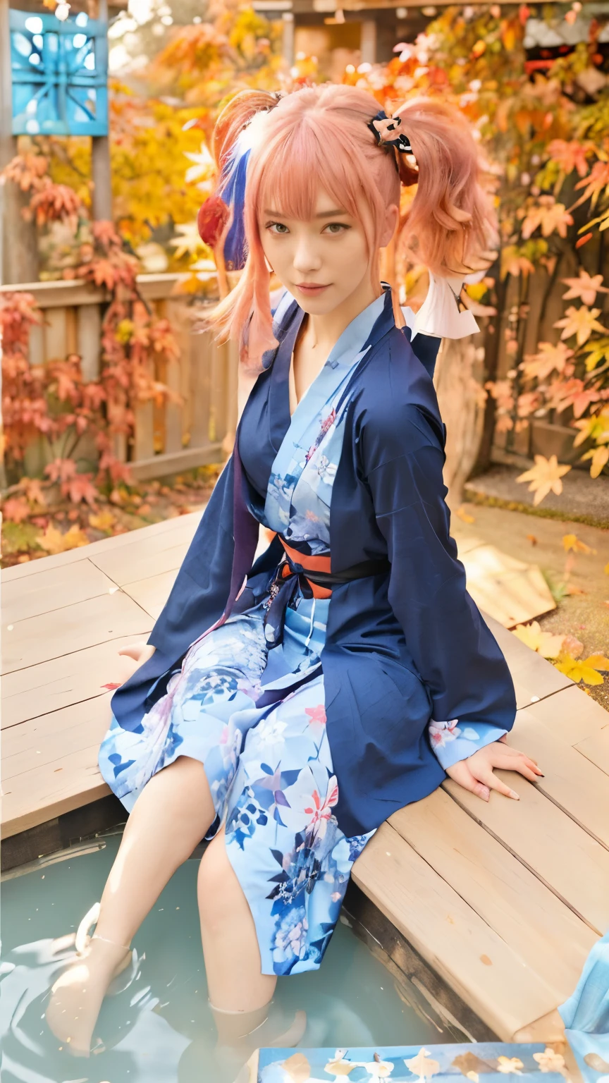 A young woman sitting in a foot bath with a calm expression, wearing a blue yukata with black haori and a red obi. She has pink hair styled in twin-tails. The background features a beautiful autumn garden with a wooden bridge and colorful maple leaves. The overall lighting is warm and cozy.