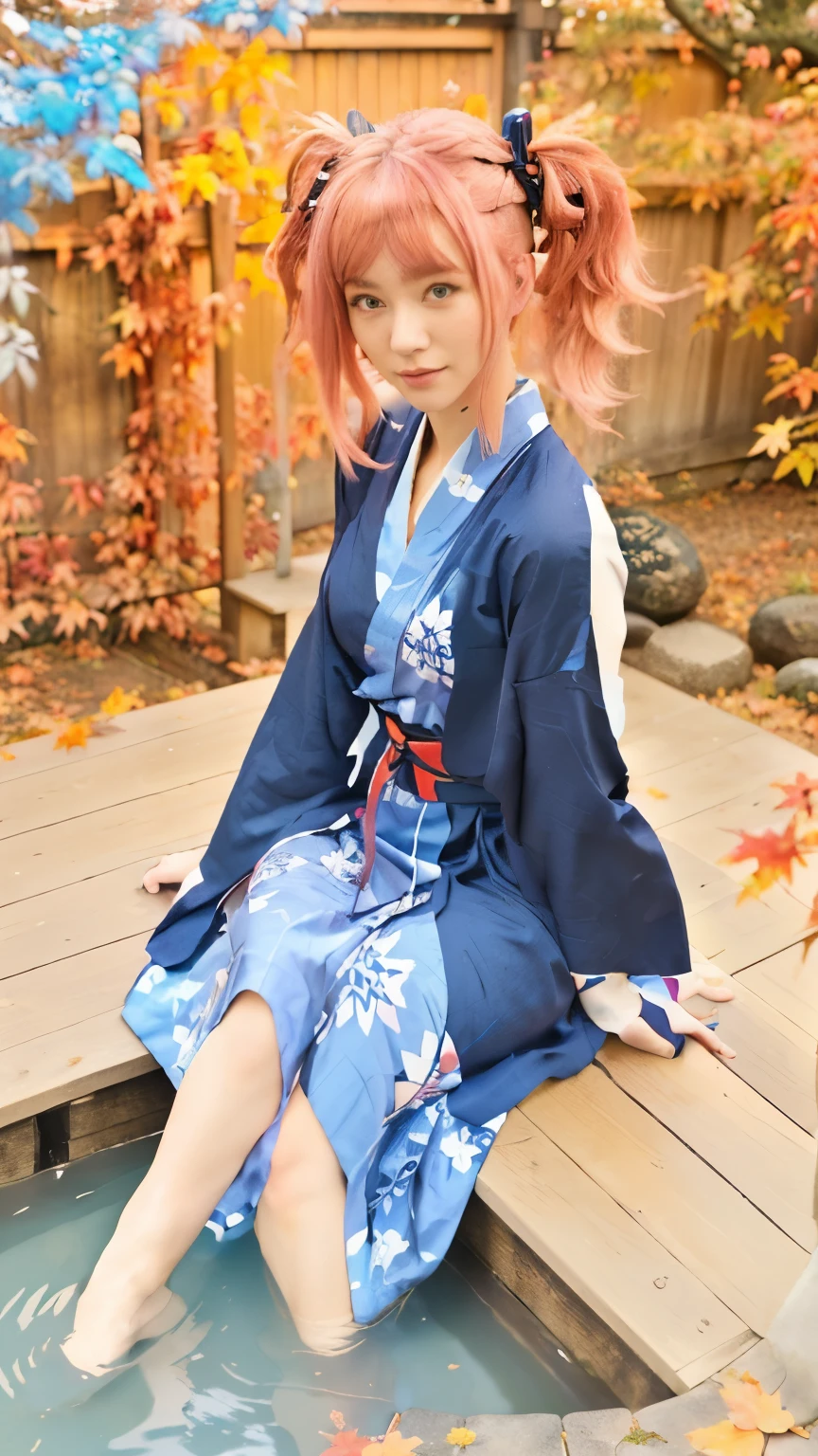 A young woman sitting in a foot bath with a calm expression, wearing a blue yukata with black haori and a red obi. She has pink hair styled in twin-tails. The background features a beautiful autumn garden with a wooden bridge and colorful maple leaves. The overall lighting is warm and cozy.