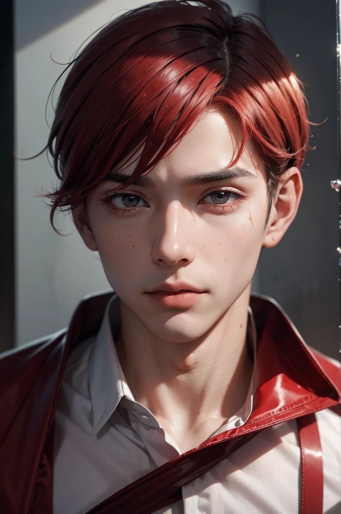 Young boy with handsome face, short red hair, Japanese haircut, gray eyes, long eyelashes, black collar, Japanese , behind broken glass, red liquid, sad expression, ultra-detailed, in shadow. 