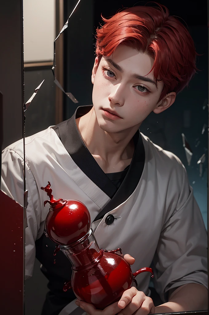 Young boy with handsome face, short red hair, Japanese haircut, gray eyes, long eyelashes, black collar, Japanese , behind broken glass, red liquid, sad expression, ultra-detailed, in shadow.
