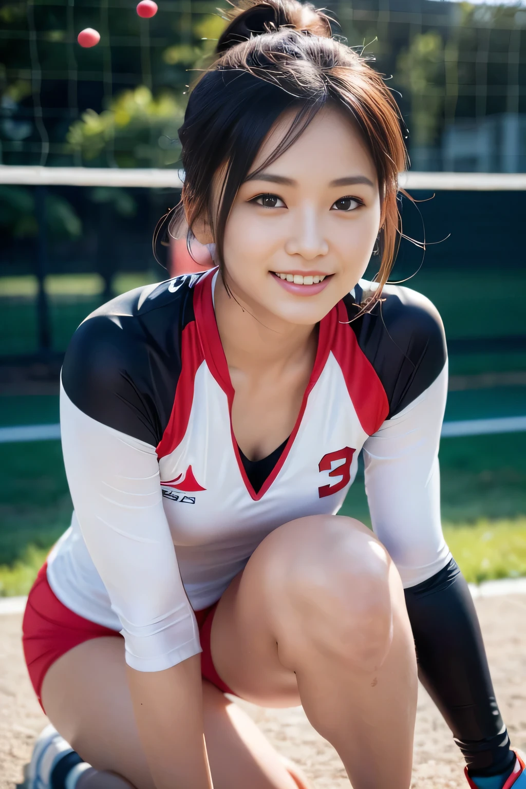 (A beautiful Korean volleyball player, age 23, wearing White Tight Lightweight Synthetic Jersey, Red Spandex Shorts, Ankle Braces and Knee Pads, posing for a Philanthropy Event, graceful expression, kind smile, dimpled chin, cute snaggle-tooth, ponytail, symmetrical face, beautiful detailed face, beautiful detailed eyes, perfect body proportions, ample round bosom, photorealistic, hyper-realism, high contrast, ultra HD, realistic skin textures, top image quality, top-quality, super high resolution, fine details, very meticulously, masterpiece, head to knees, High Angle Shot, Positive Atmosphere, bokeh background)