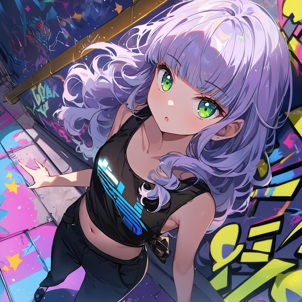 a masterpiece, beautiful eyes, a beautiful face, beautiful depiction, details, solid blue Skyscrapers background, ultra detailed, 8K, 1950's girl, pale-purple hair, a dynamic angle, wavy hair blowing in the wind, blunt bangs hair, black and green eyes,small breast, A black tank top showing her slim belly, black drawstring pants, black ballet shoes, full body shot, A starry sky, Graffiti art, dimly lit underpass, light coming from behind her, look at viewer, pale colors,a girl closes her eyes and shouts loudly,