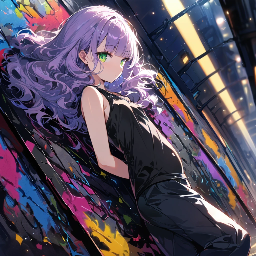 a masterpiece, beautiful eyes, a beautiful face, beautiful depiction, details, solid blue Skyscrapers background, ultra detailed, 8K, 1950's girl, pale-purple hair, a dynamic angle, wavy hair blowing in the wind, blunt bangs hair, black and green eyes,small breast, A black tank top showing her slim belly, black drawstring pants, black ballet shoes, full body shot, A starry sky, Graffiti art, dimly lit underpass, light coming from behind her, look at viewer, pale colors,a girl closes her eyes and shouts loudly,