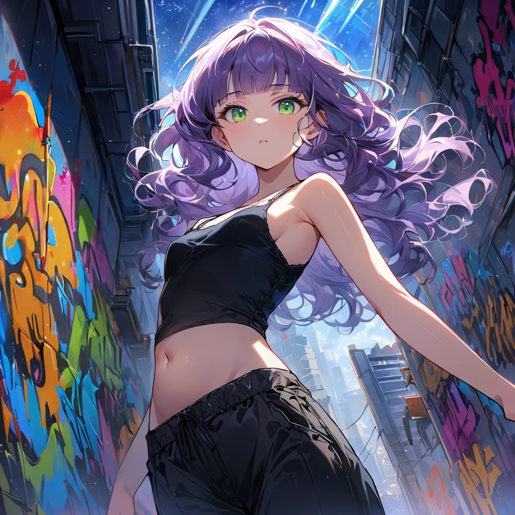 a masterpiece, beautiful eyes, a beautiful face, beautiful depiction, details, solid blue Skyscrapers background, ultra detailed, 8K, 1950's girl, pale-purple hair, a dynamic angle, wavy hair blowing in the wind, blunt bangs hair, black and green eyes,small breast, A black tank top showing her slim belly, black drawstring pants, black ballet shoes, full body shot, A starry sky, Graffiti art, dimly lit underpass, light coming from behind her, look at viewer, pale colors,a girl closes her eyes and shouts loudly,