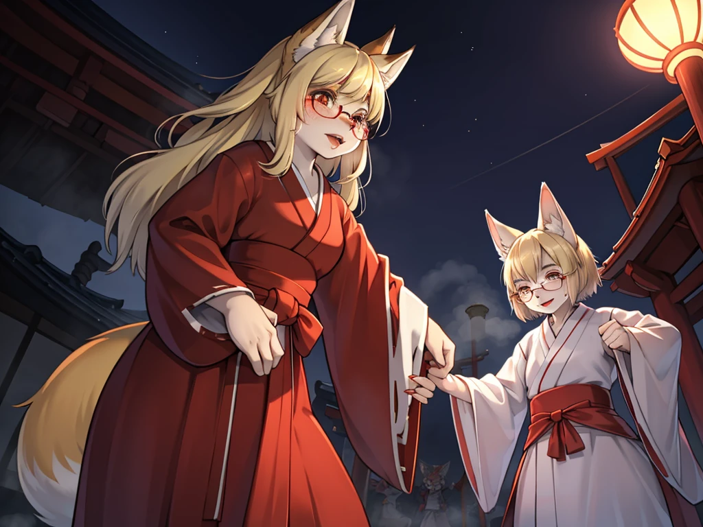 Japanese horror movie style , Japanese shrine maiden outfit fox , short blonde hair, freckles, (thick lips), plump, glasses , Suspicion eyes , gohei , Japanese monster fight scene , with yokai , Gashadokuro , onibi , Ushi-oni , foggy midnight