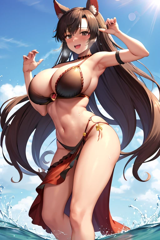 masterpiece, best quality, beautiful art, high resolution, well formed hands, body and fingers, 1 woman, solo, Imaizumi Kagerou, wolf ears and wolf tail, grown up, arabian belly dancer, adult, large and round breasted, (perfect hands and fingers:1.5) cleavage, hair ribbon, full body, sexy and skimpy outfit , gorgeous legs and thighs , doing exercise, warming up, working out, sexy and captivating training, smiling joyfully and happily , looking at the viewer, panties peek, sweating , bouncing breasts, t back thong, training montage session, beach environment