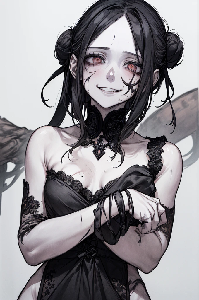 (masterpiece: 1. 2, Highest quality), (Actual photo, Intricate details)、(Anatomically correct), (1 girl, Upper Body, Small breasts、With eyes wide open, Scary atmosphere, Distorted facial expressions, Wicked Smile, Bleeding from the eyes, Blood splatter, whole body, China dress, Twin-tailed bun、Black Hair, (Dark circles under the eyes), pale, Ill, Sickly, Wicked Smile, Crazy Eyes, ( smirk), Dramatic makeup, Mixed Media Art, White Background