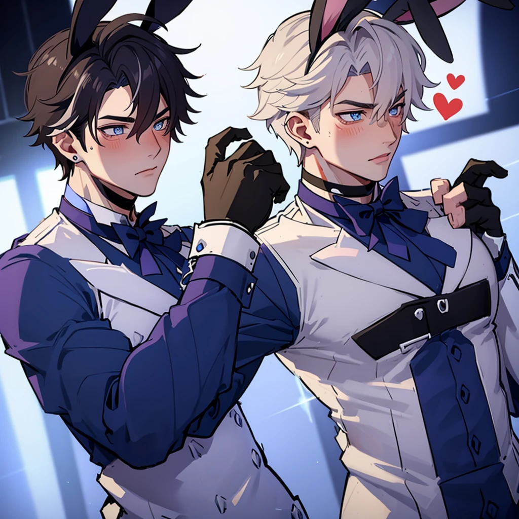 male focus, pectorals, animal ears, gloves,  boy, muscular, rabbit ears, muscular male, pasties, blue eyes, , bowtie, pectoral grab, detached collar, large pectorals, bow, blush, bara, yaoi, grabbing, fake animal ears, upper body, solo focus, groping, white gloves, simple background, abs, white background, male playboy bunny, heart pasties, sweat, covered 