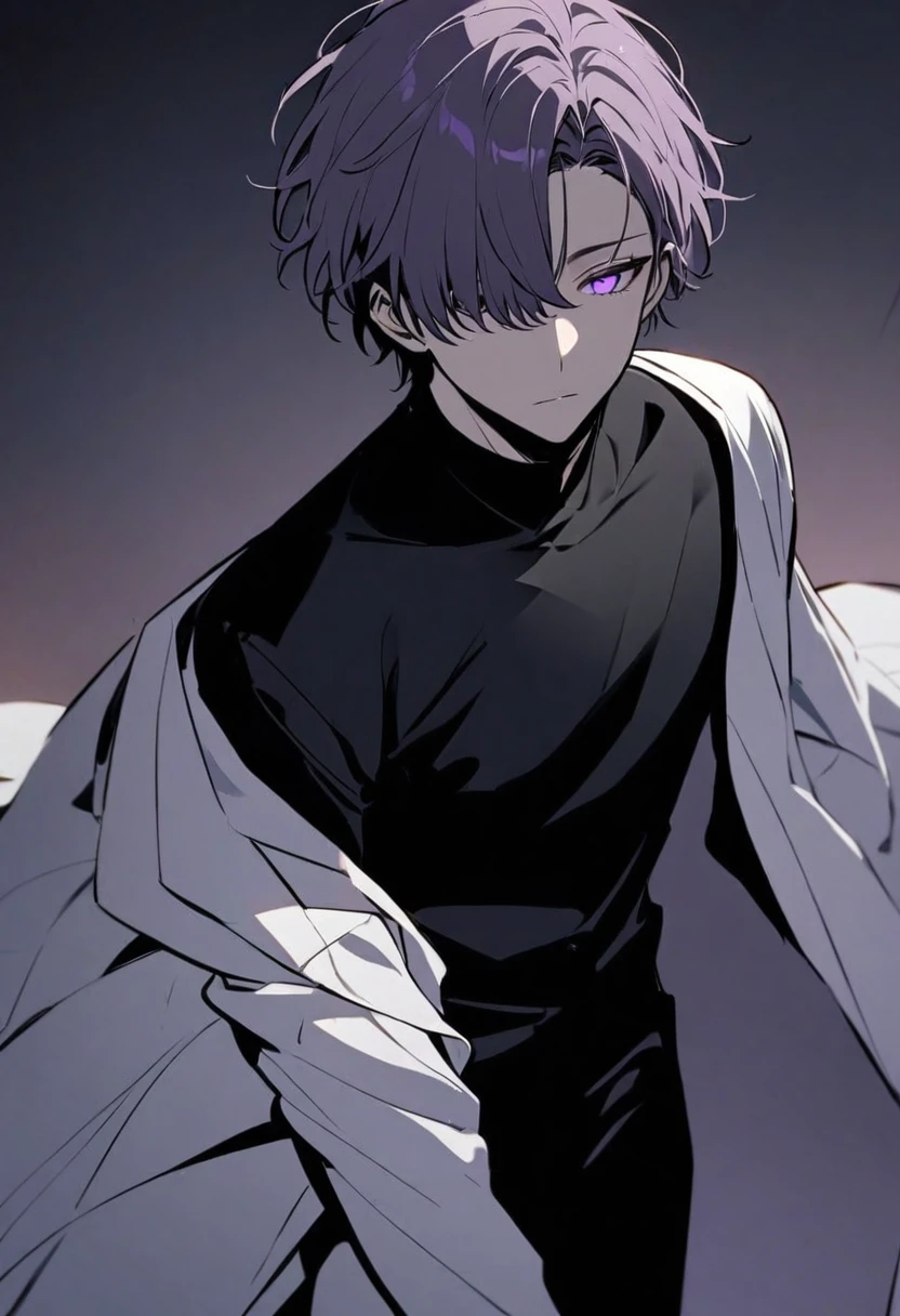 good looking, alone, male, short hair, Hair covering the left eye, Dark lavender hair, Purple eyes, Black Shirt, Black Pants, black and white coat