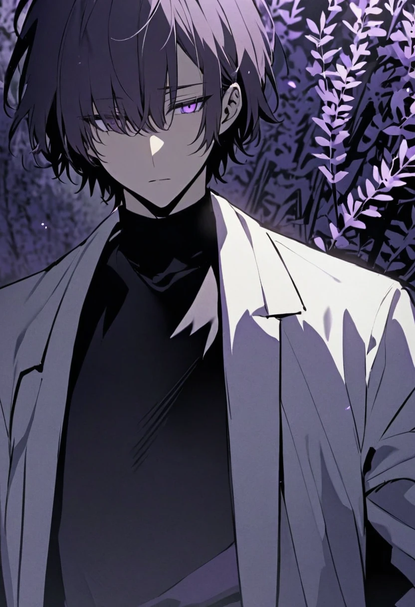 good looking, alone, male, short hair, Hair covering the left eye, Dark lavender hair, Purple eyes, Black Shirt, Black Pants, black and white coat