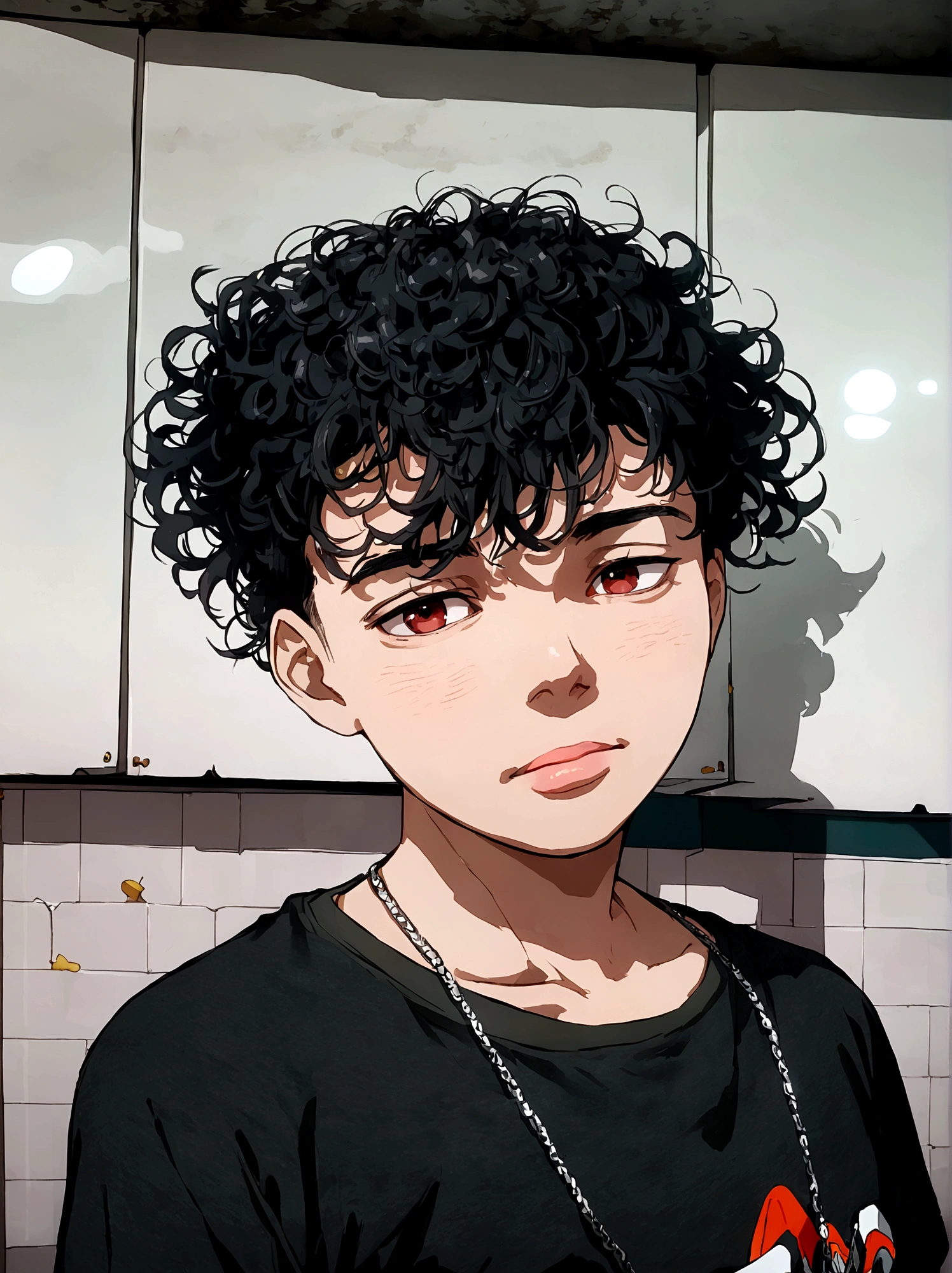 clear man, side shaved hair, curly hair, curly hair, eyes browns, Bblack hair, side shaved hair