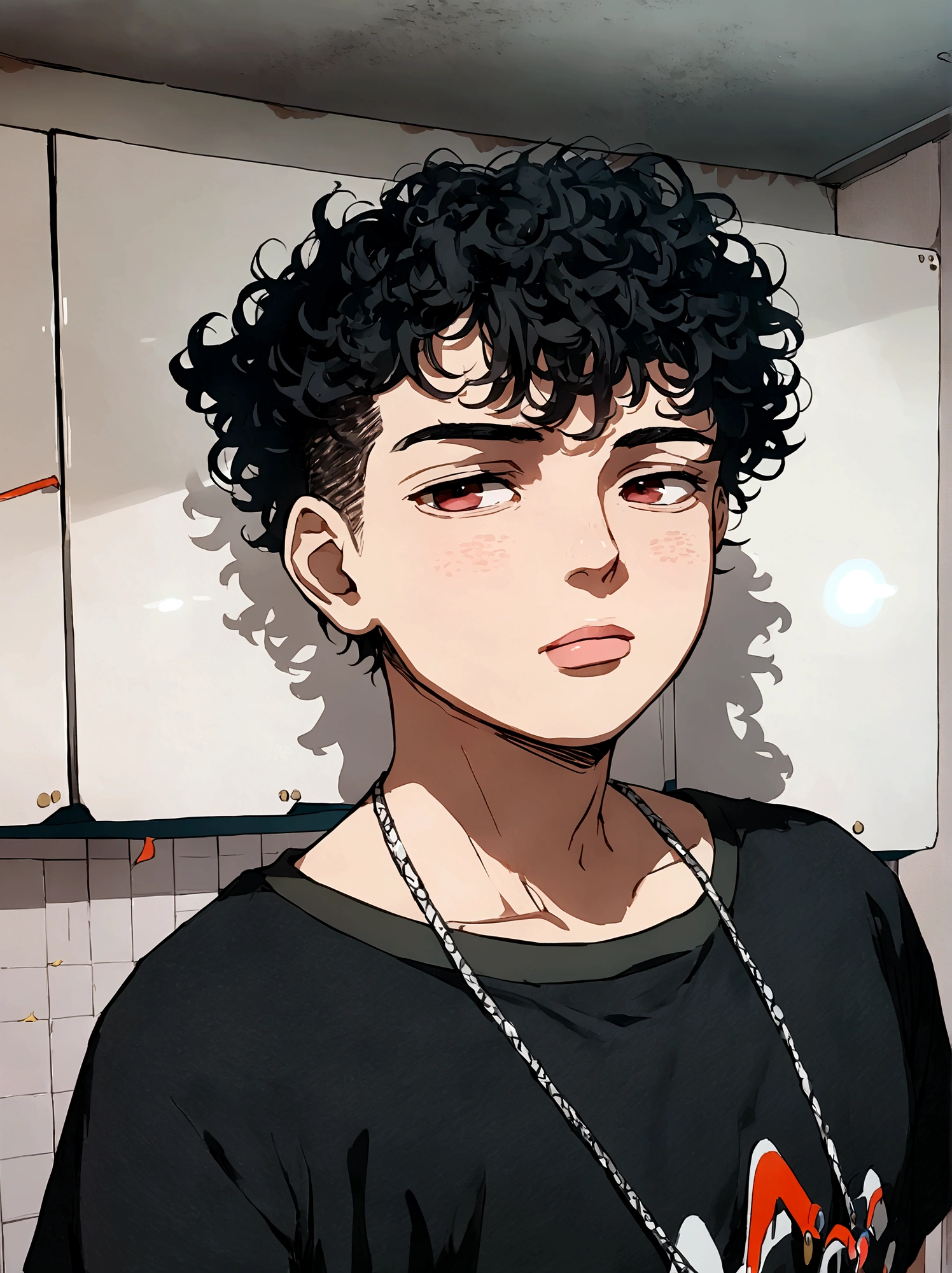 clear man, side shaved hair,  curly hair, curly hair, eyes browns, Bblack hair, side shaved hair