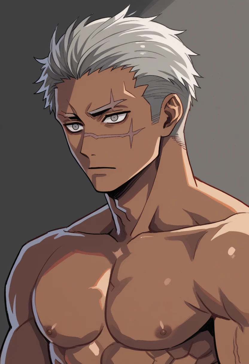 肌肉男, thick-skinned, dark gray skin color, dark black skin, shorth hair, perfil, sores and scars, look with empty eyes, cloused mouth, gray lips, Handsome, definitive man chin. bonitas, Handsome, sensuous, gostoso