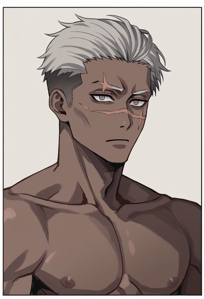 肌肉男, thick-skinned, dark gray skin color, dark black skin, shorth hair, perfil, sores and scars, look with empty eyes, cloused mouth, gray lips, Handsome, definitive man chin. bonitas, Handsome, sensuous, gostoso